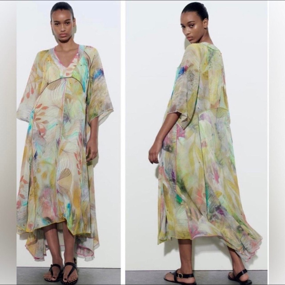 Zara Women's Pink and Green Dress